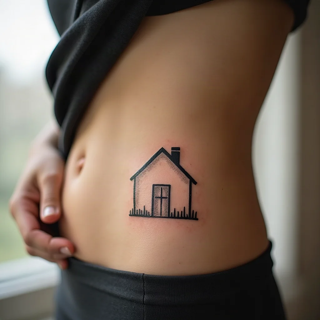 Fine-line childhood house outline tattoo on a woman's ribcage as a matching sister design