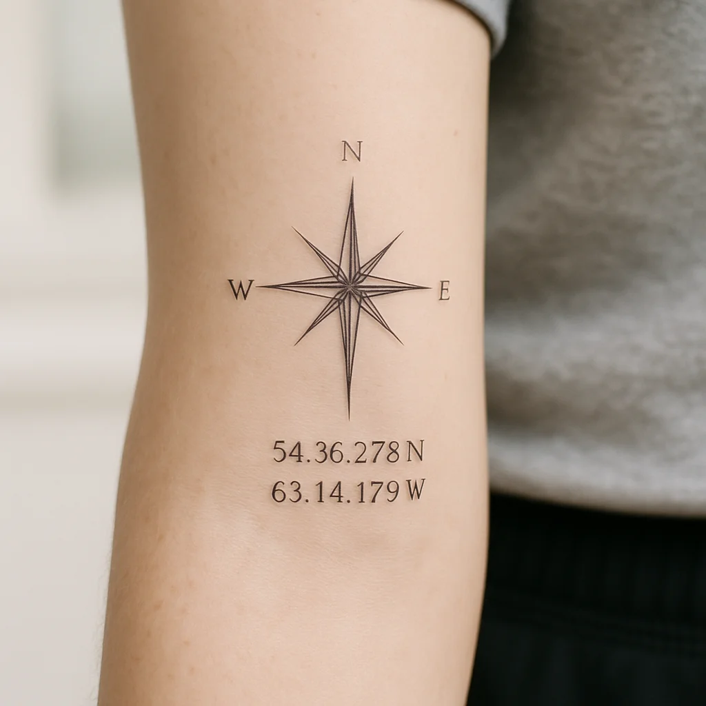 Fine-line compass rose with coordinates beneath it tattooed on an outer forearm
