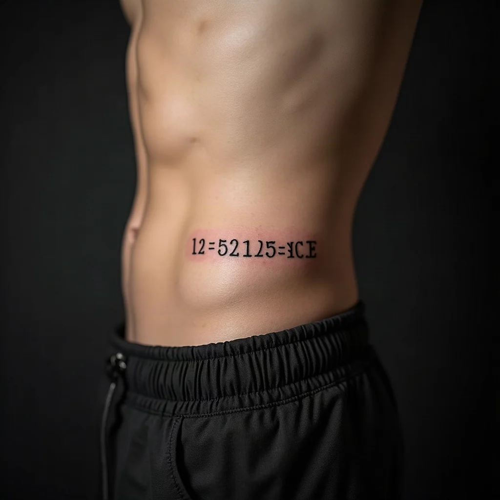 Fine-line coordinates tattoo following a single rib line on a man's ribcage