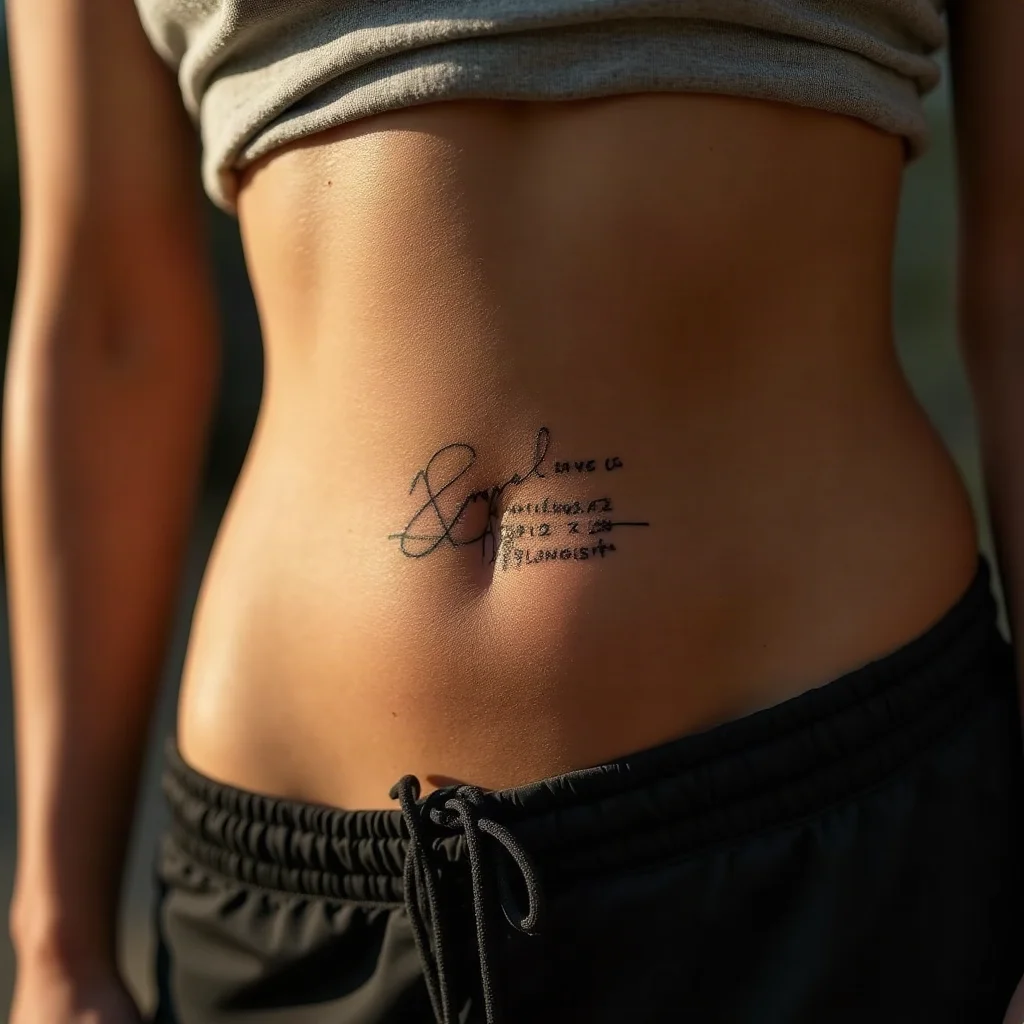 Fine-line coordinates tattoo of a childhood address on a woman's ribcage
