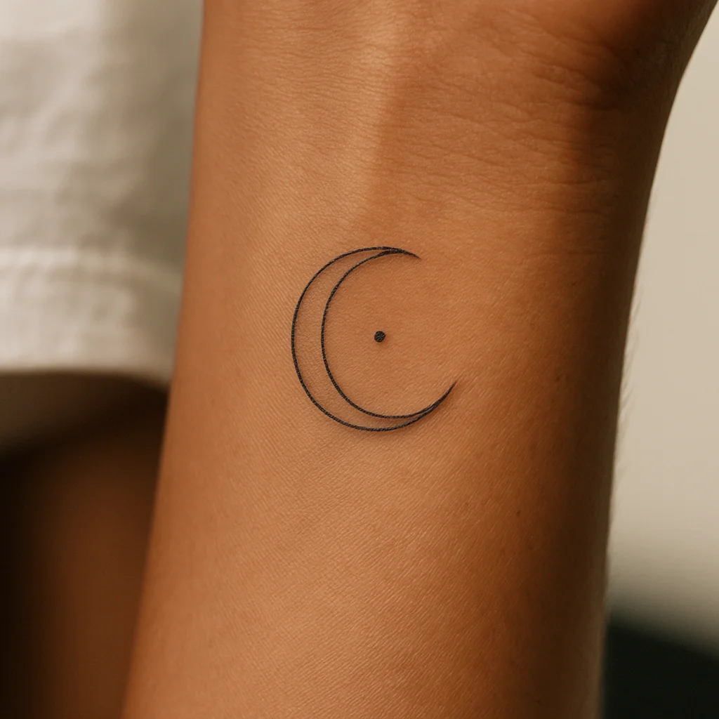 Fine-line crescent moon tattoo with a single dot on the inner wrist, part of a mirrored couple pair