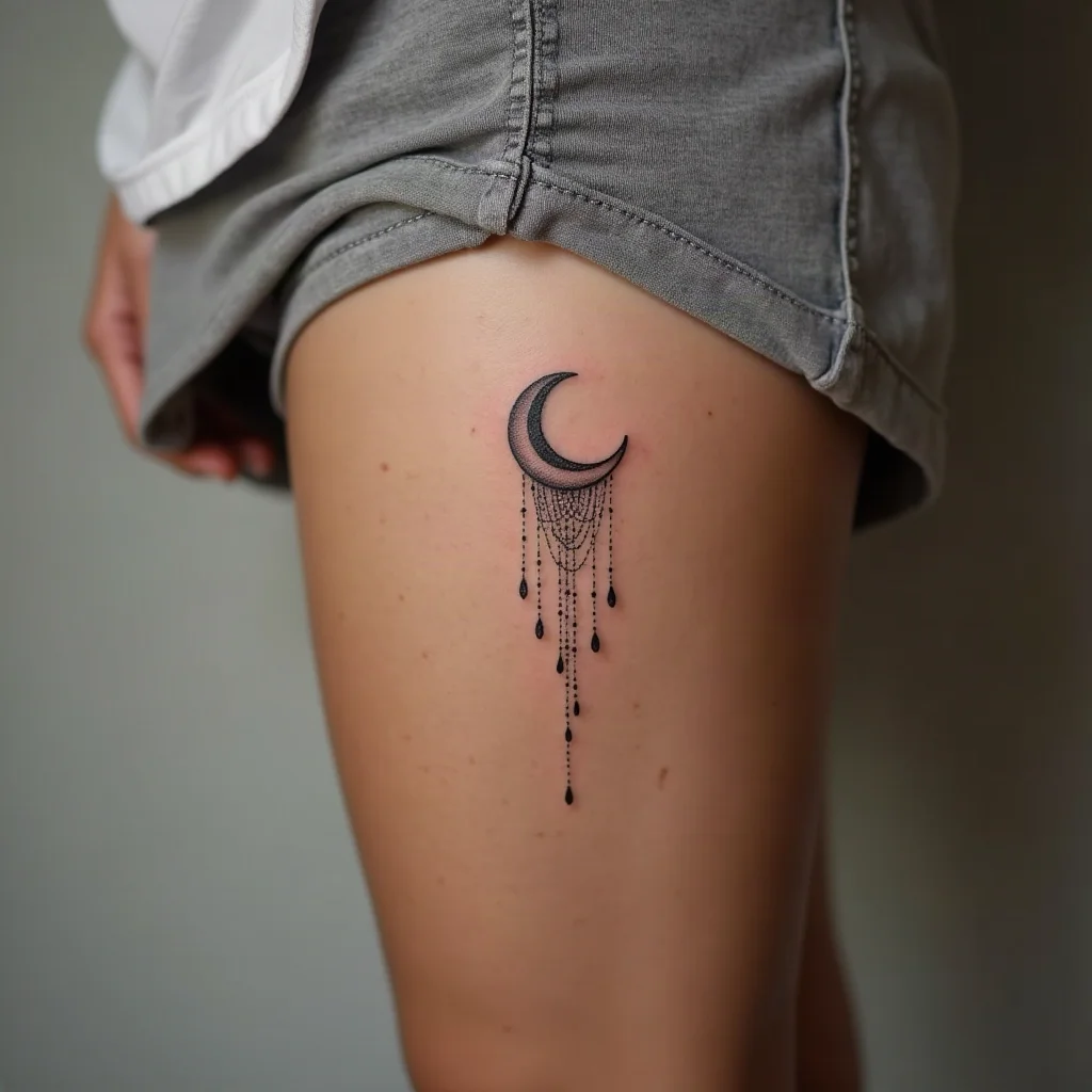 Fine-line crescent moon with ornamental filigree chain drop tattoo on the outer thigh