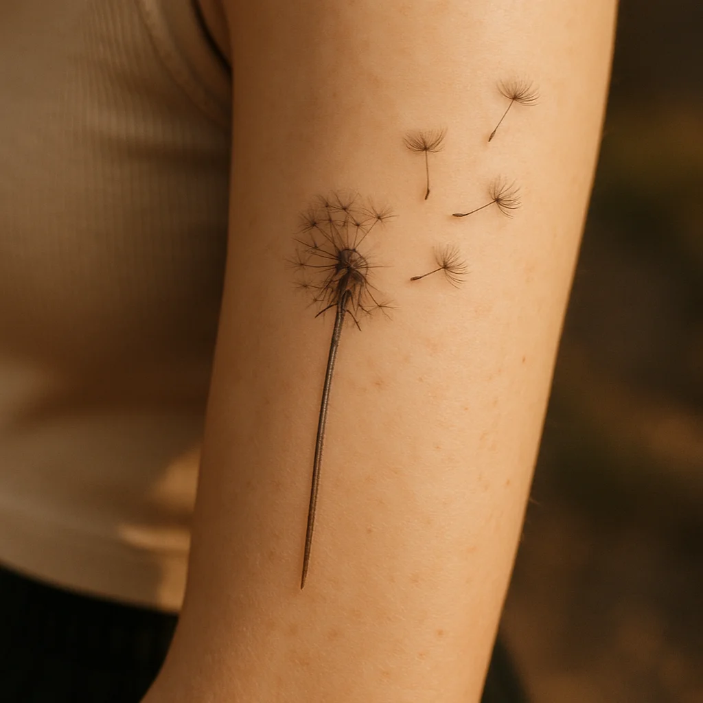 Fine-line dandelion with a half-empty head releasing seeds tattooed on an inner forearm