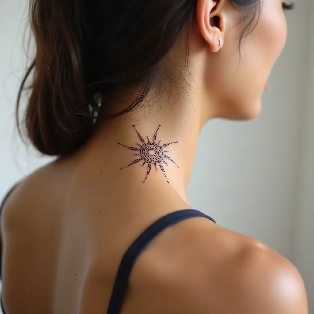 Fine-line dotwork sun tattoo behind a sister's ear from a sun, moon and star trio