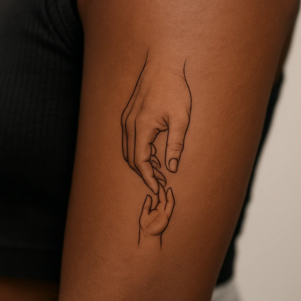 Fine-line drawing of a large hand and small hand touching fingertips tattooed on an inner forearm