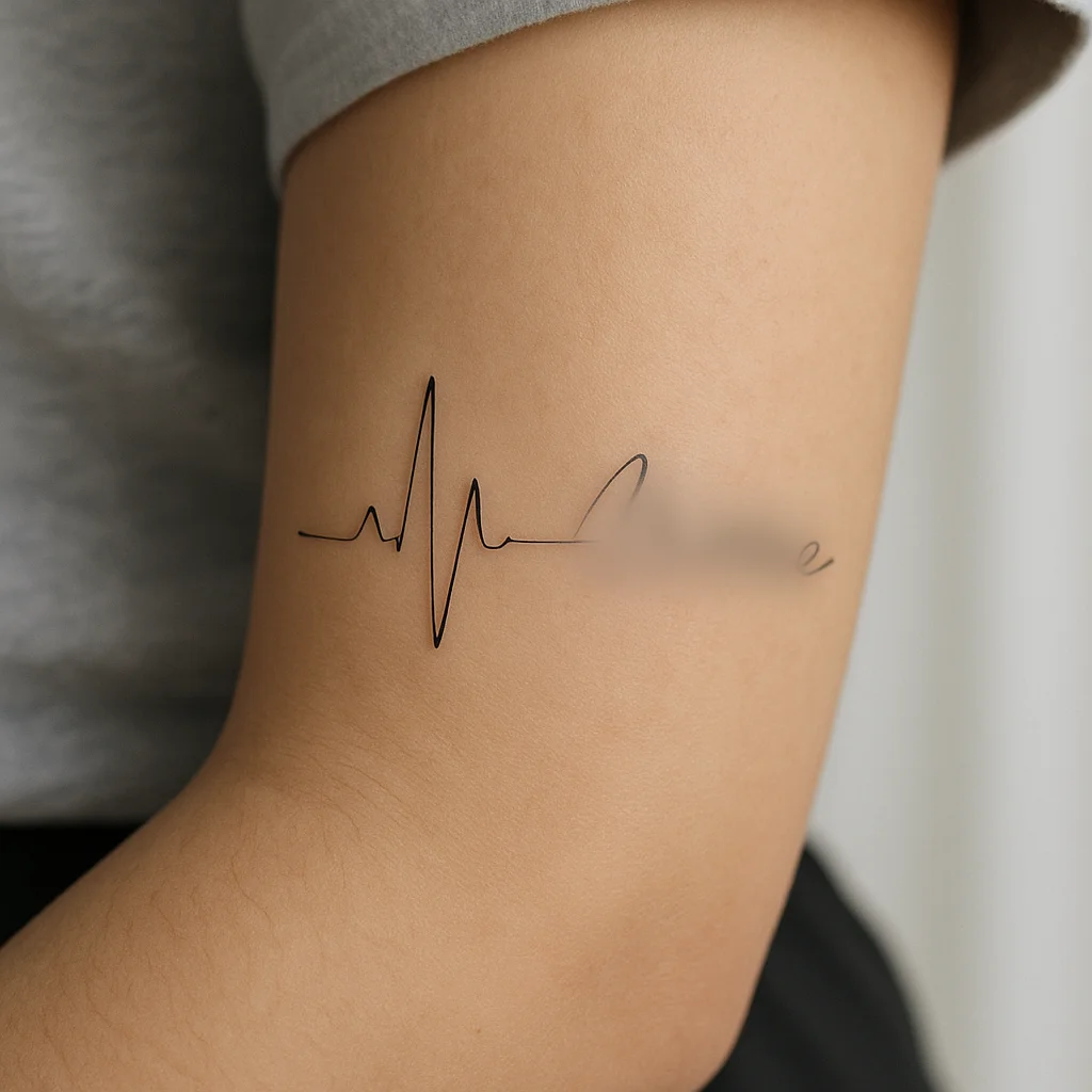Fine-line EKG heartbeat line turning into a name across a man's outer forearm