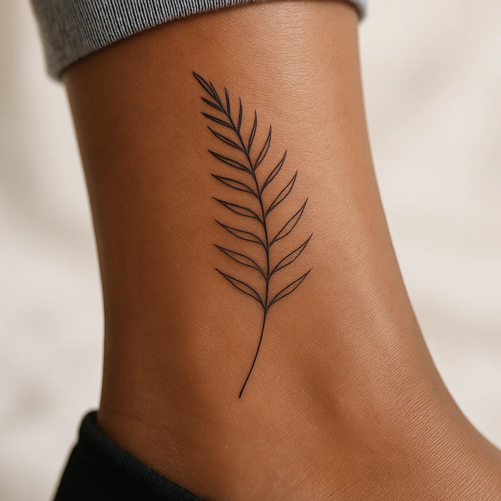 Fine-line fern frond tattoo curving sideways on the ankle above the bone