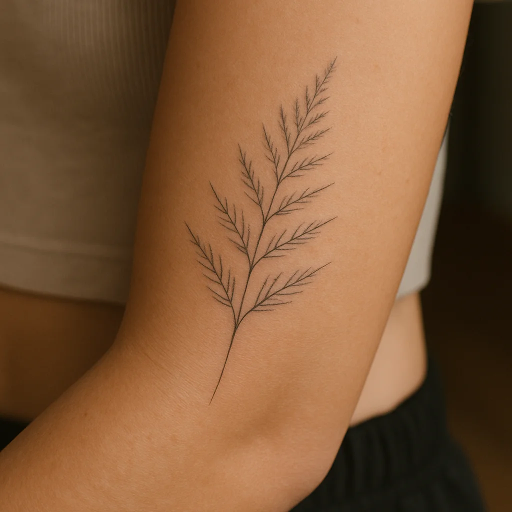 Fine-line fern outline tattoo on the inner forearm showing light scratch-level lining work