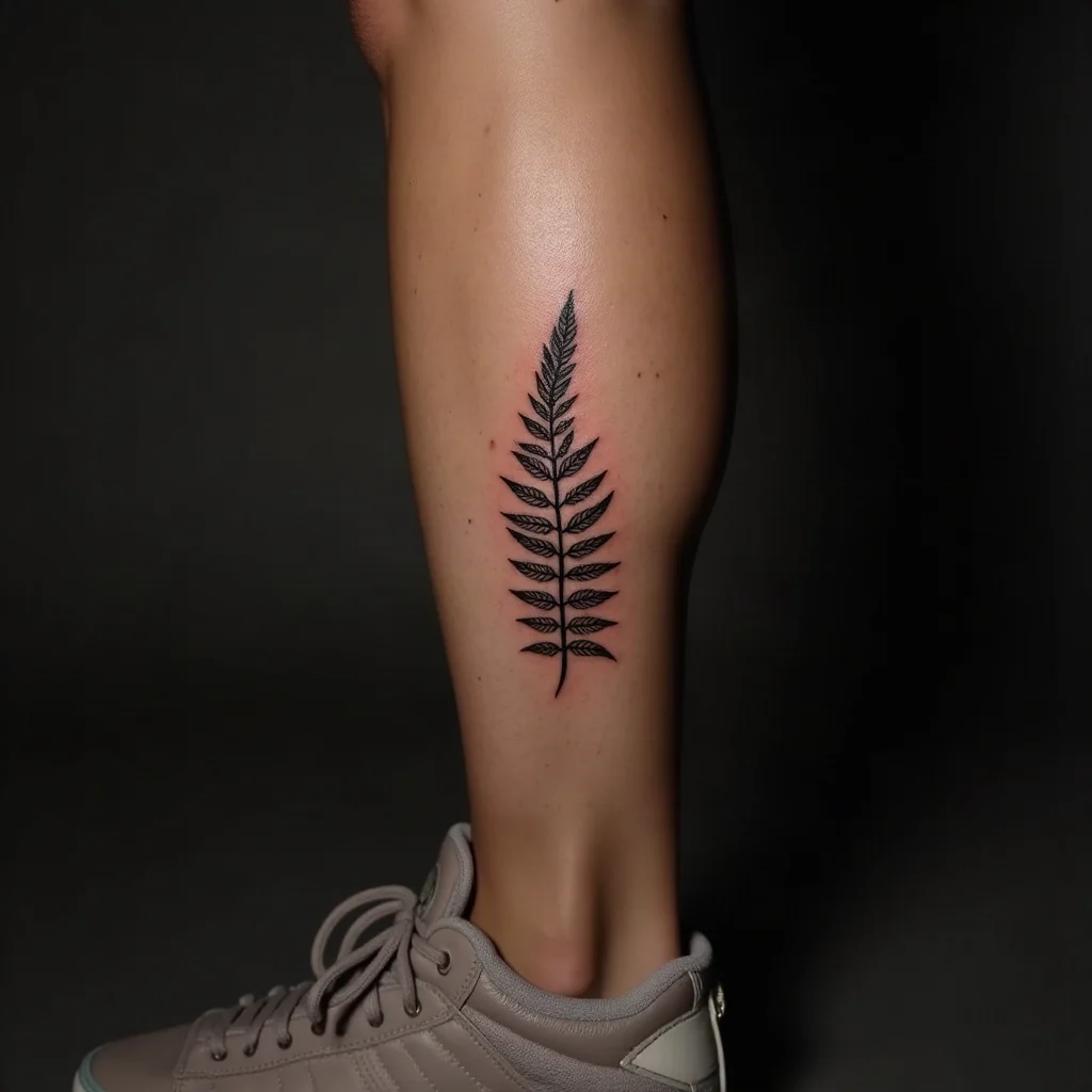 Fine-line fern tattoo on a woman's outer calf, hidden by boots