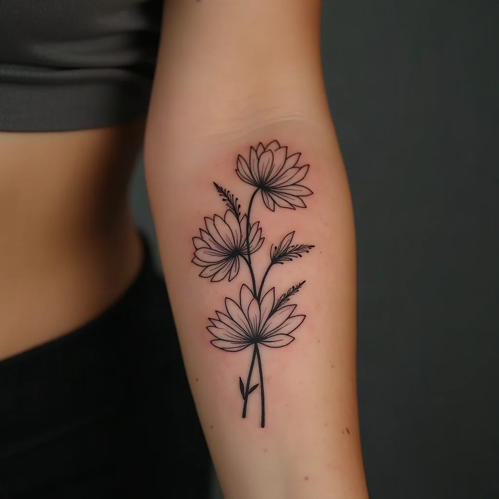 Fine-line floral and script forearm tattoo fully healed with a soft matte finish after four weeks of care