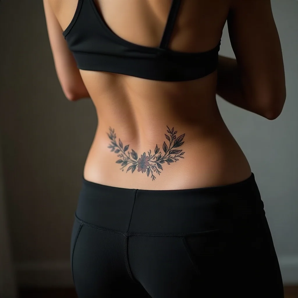Fine-line floral crescent tattoo of small blooms and leaves on the back of the upper thigh