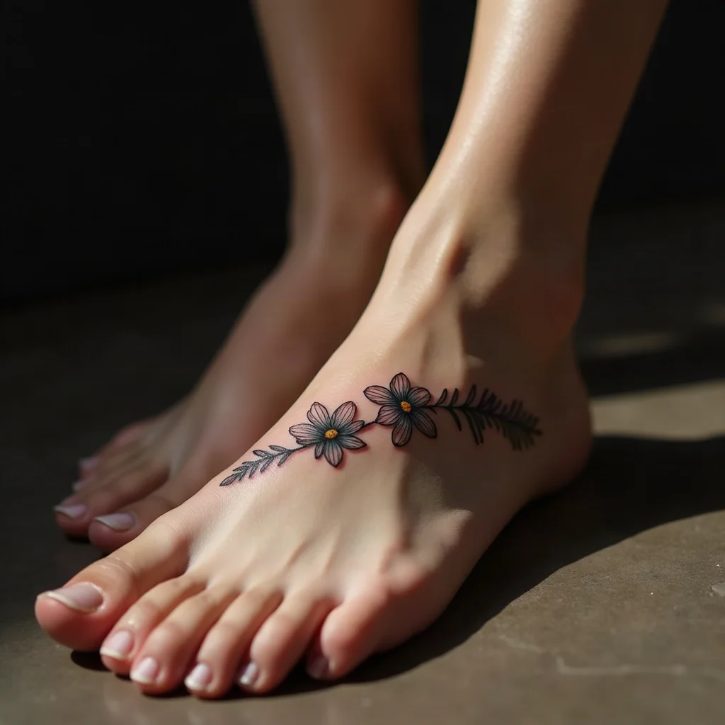 Fine-line flower chain tattoo across the top of a woman's foot
