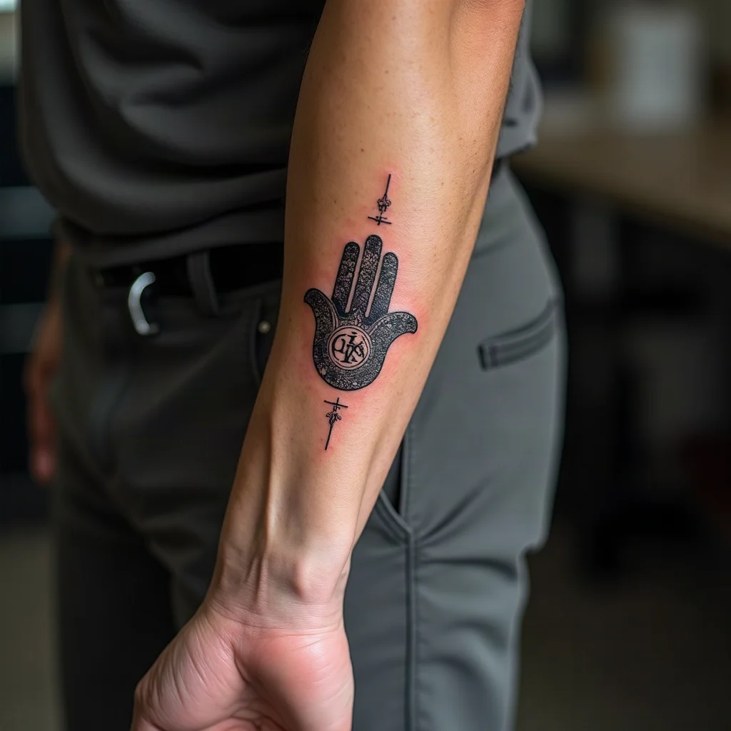 Fine-line hamsa hand with hidden family initials on a man's inner forearm