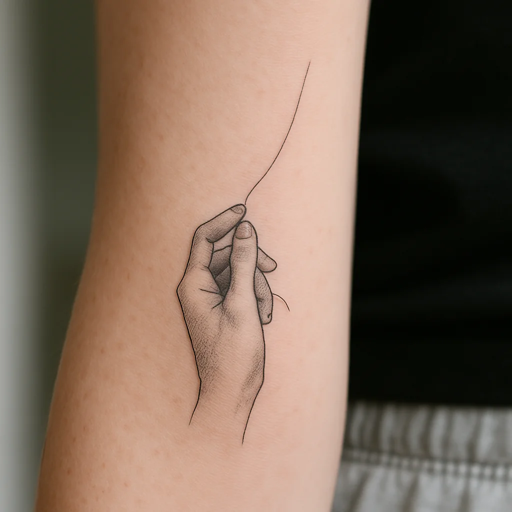 Fine-line hand gripping a kite string tattooed on an outer forearm as half of a matching pair