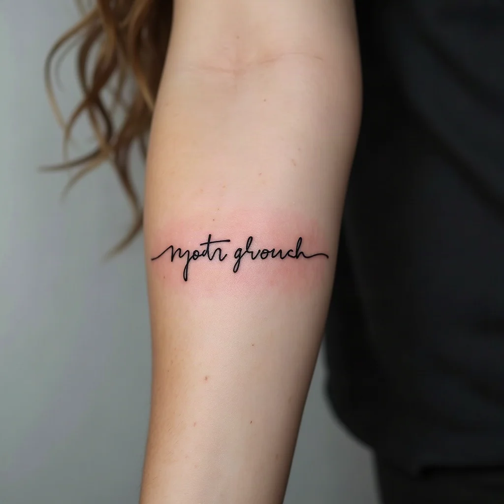 Fine-line handwriting tattoo of a mother's phrase on her son's inner forearm