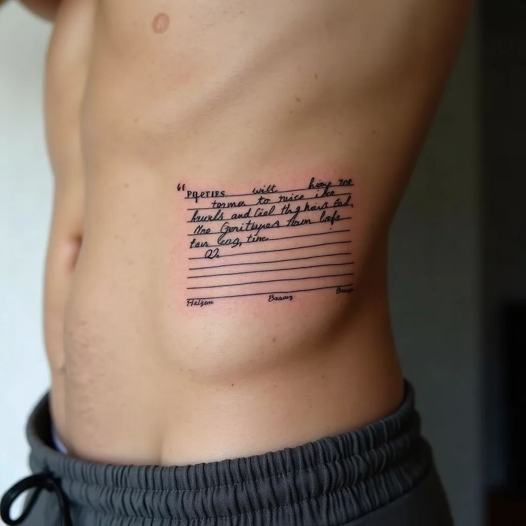 Fine-line handwritten recipe card tattoo on a man's ribcage