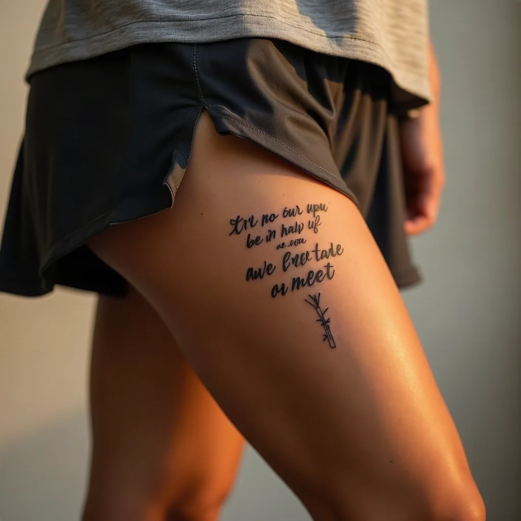 Fine-line handwritten script quote tattooed vertically on the inner thigh