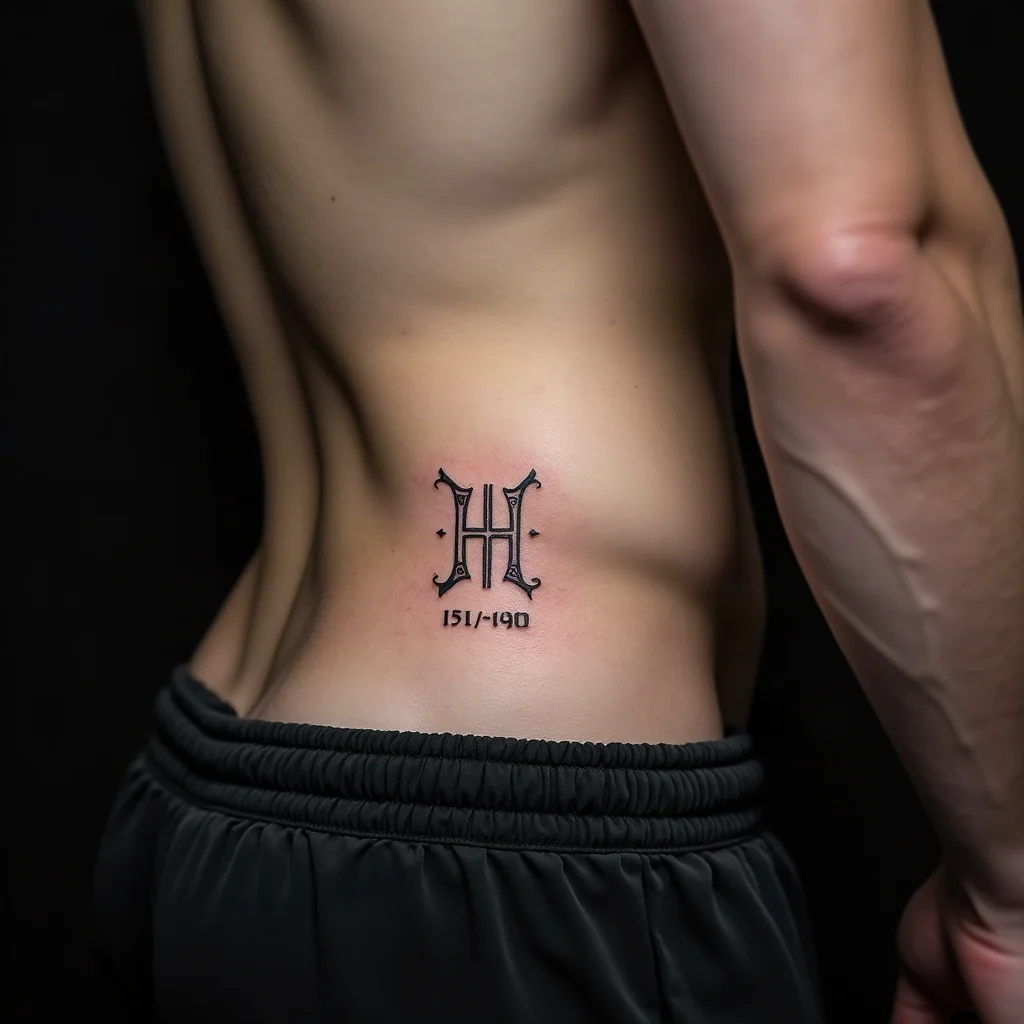 Fine-line initials and date tattooed low at the rib to hip fold