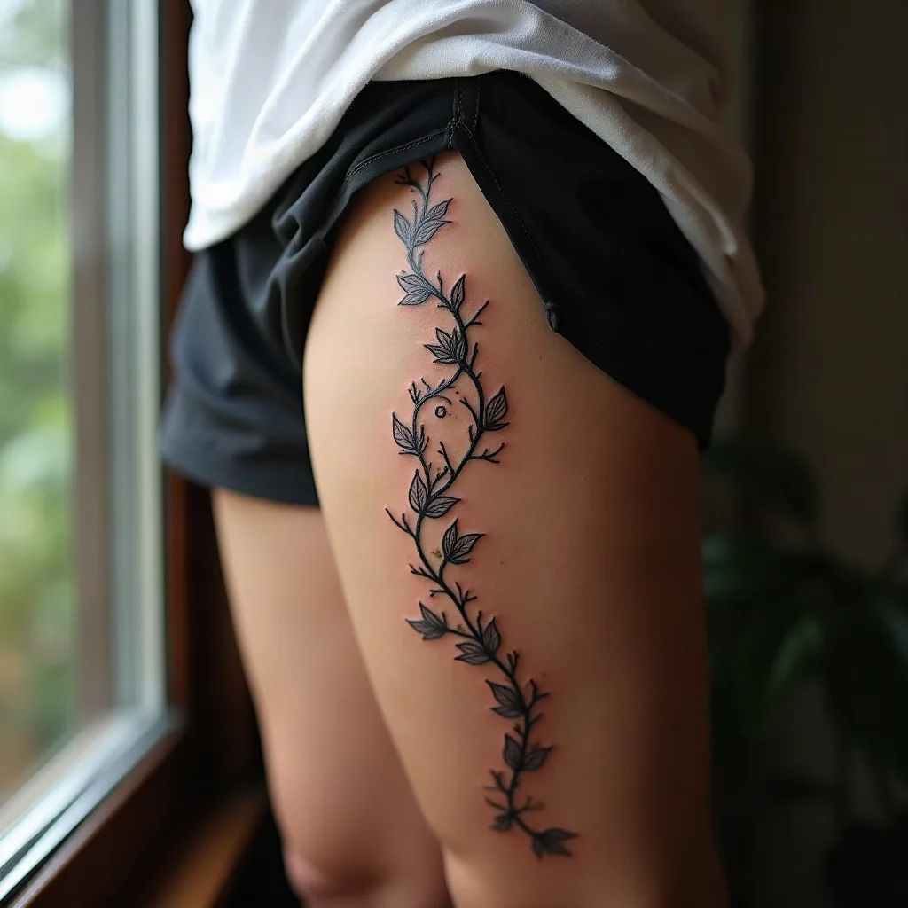 Fine-line ivy vine tattoo wrapping from the inner thigh around to the back of the leg