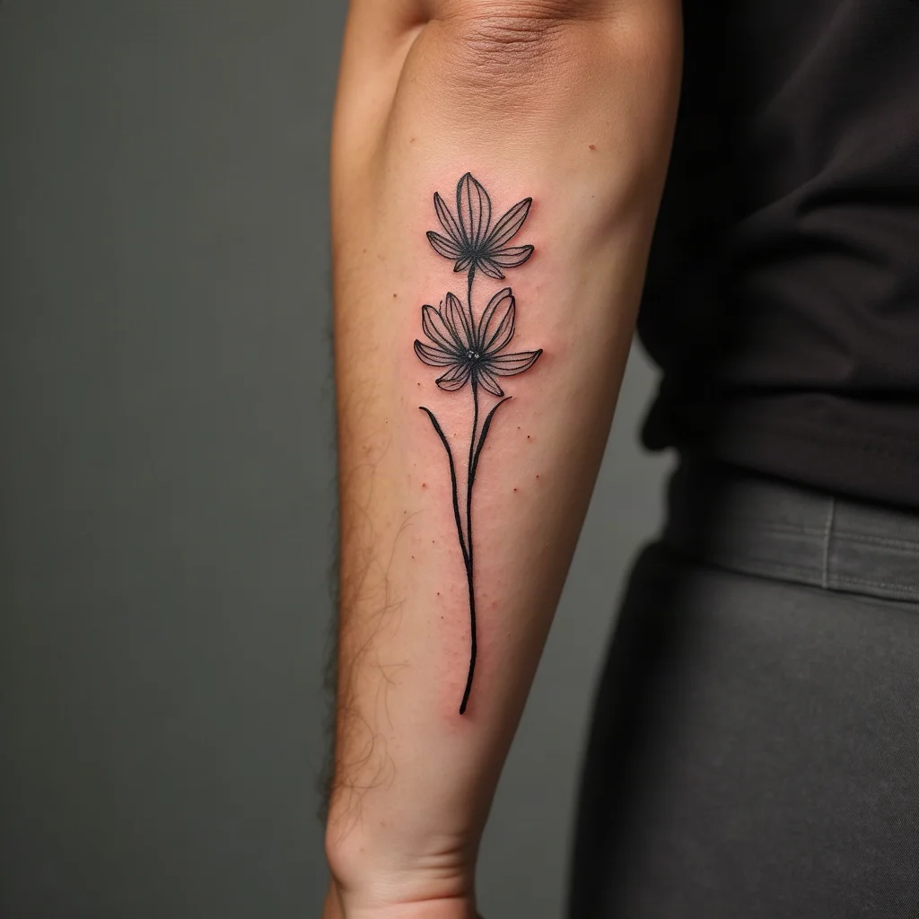 Fine-line larkspur birth flower tattoo on a sister's inner forearm