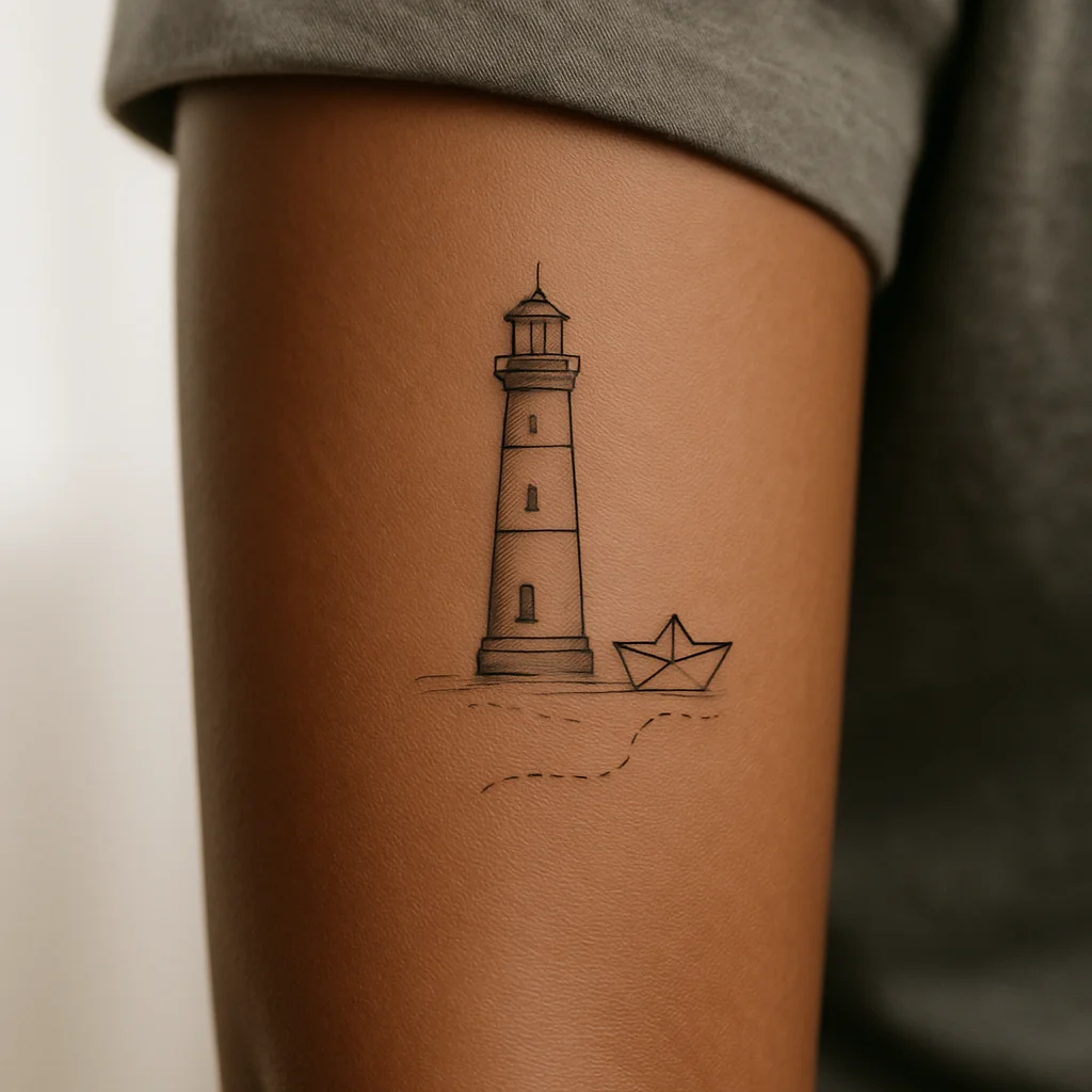 Fine-line lighthouse and paper boat with a dashed wake tattooed on an inner forearm
