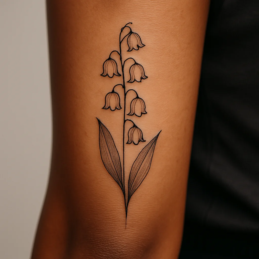 Fine-line lily of the valley column running up the inner forearm