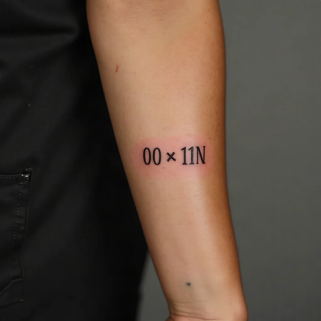 Fine-line memorial tattoo of two Roman numeral dates joined by an en dash on the outer forearm