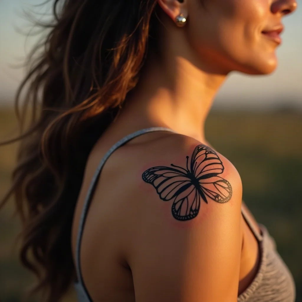 Fine-line mirrored butterfly from a matching pair tattooed on the upper arm