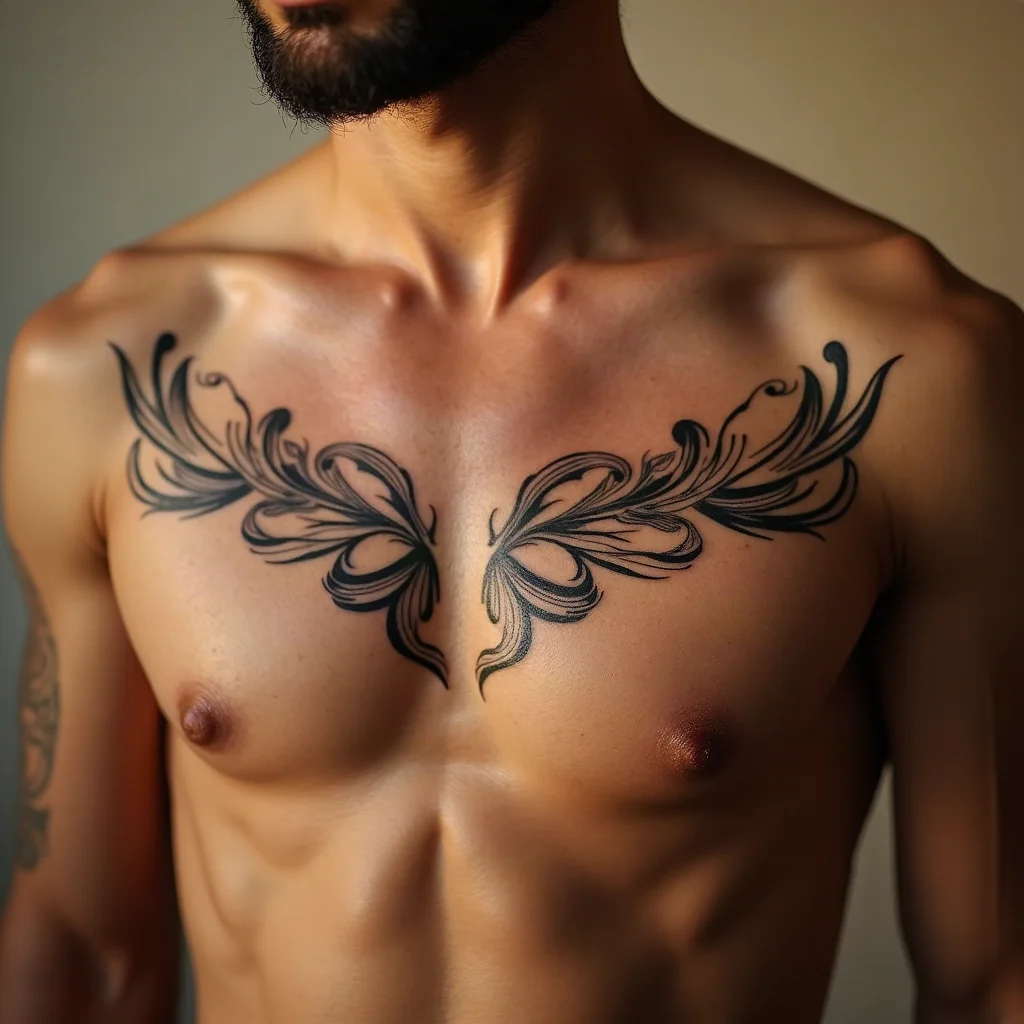 Fine-line mirrored filigree ornaments flanking the sternum on a man's chest