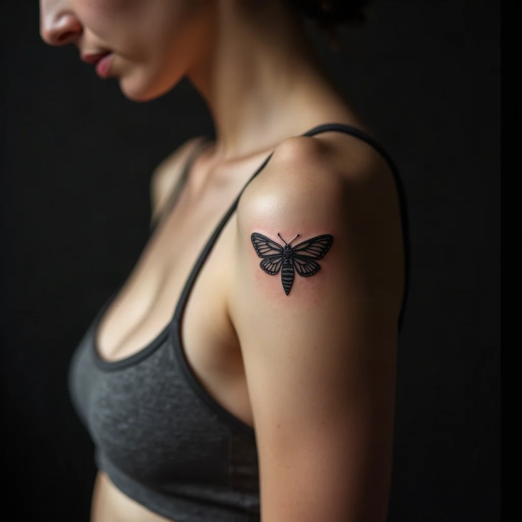 Fine-line moth tattoo high on a woman's inner upper arm near the armpit