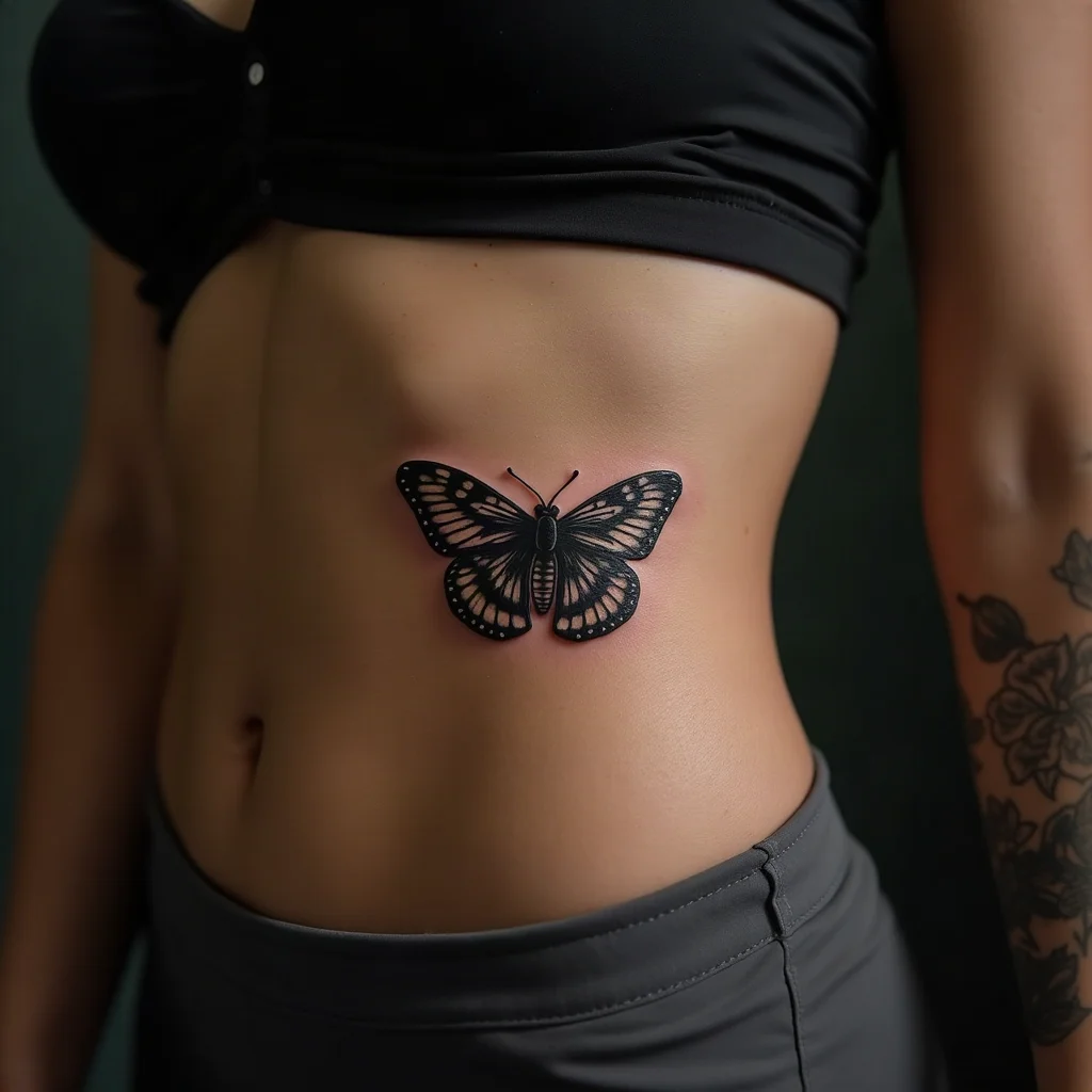 Fine-line moth tattoo on the side of a ribcage, a placement that traps sweat while healing