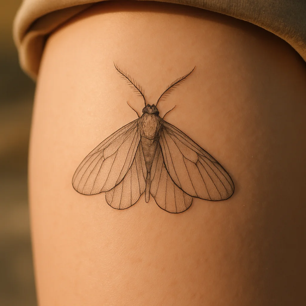 Fine-line moth tattoo with single-needle linework and stipple shading on outer thigh