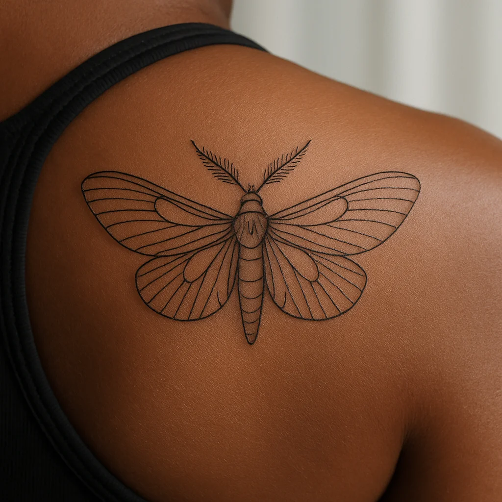 Fine-line moth with spread wings tattooed over the shoulder blade muscle