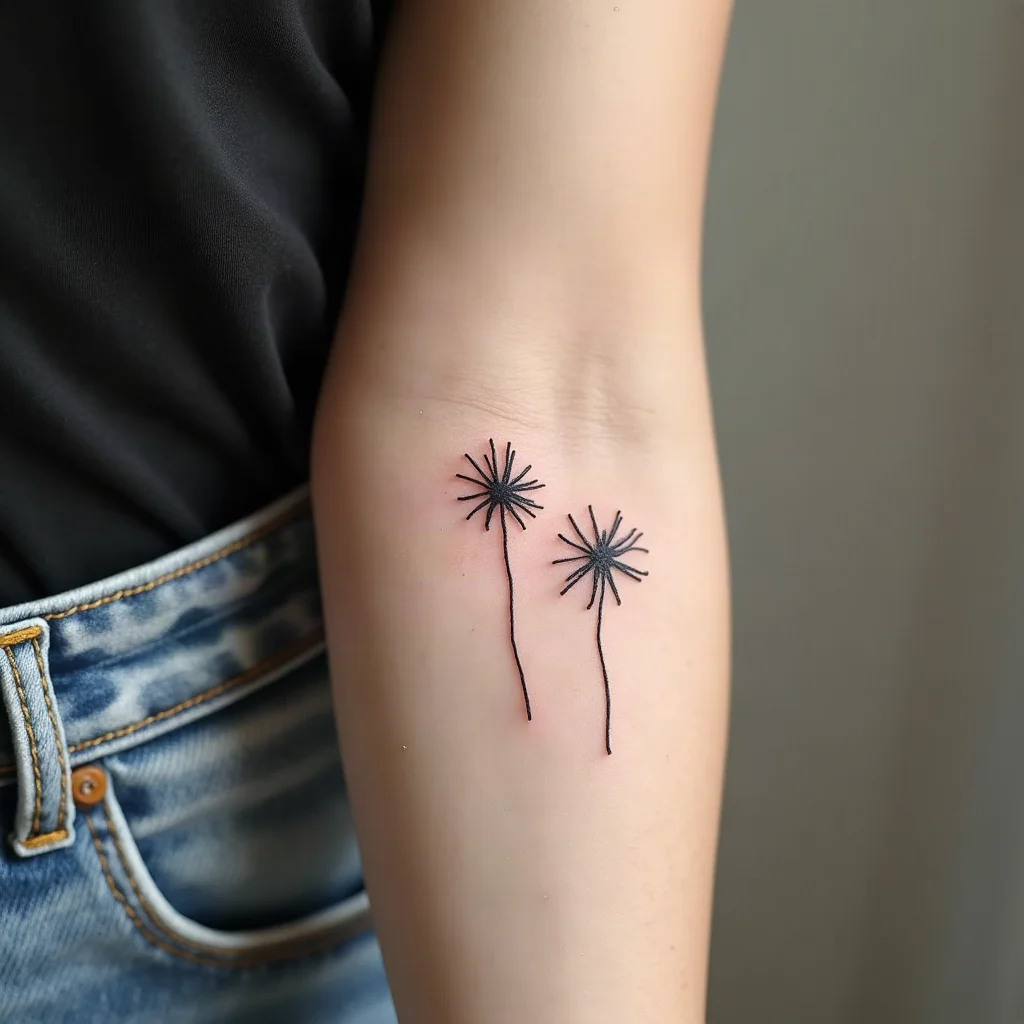 Fine-line mother and son matching forearm tattoos shown at two different sizes and line weights
