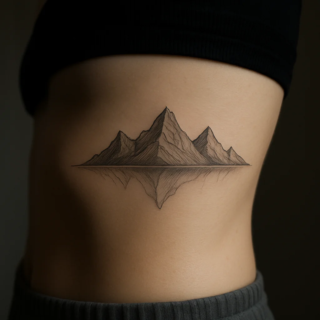 Fine-line mountain peaks tattoo split at the waterline on the side of the ribcage