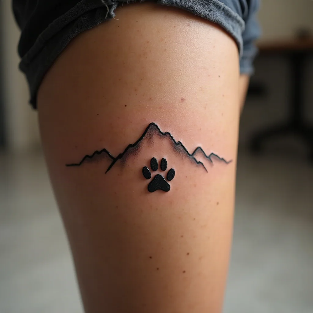 Fine-line mountain ridgeline with a paw print stamped over it, tattoo on a calf