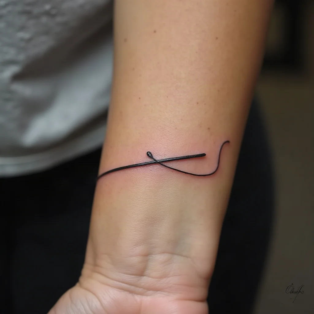 Fine-line needle and thread tattoo on a mother's inner wrist, paired with her son's trailing thread