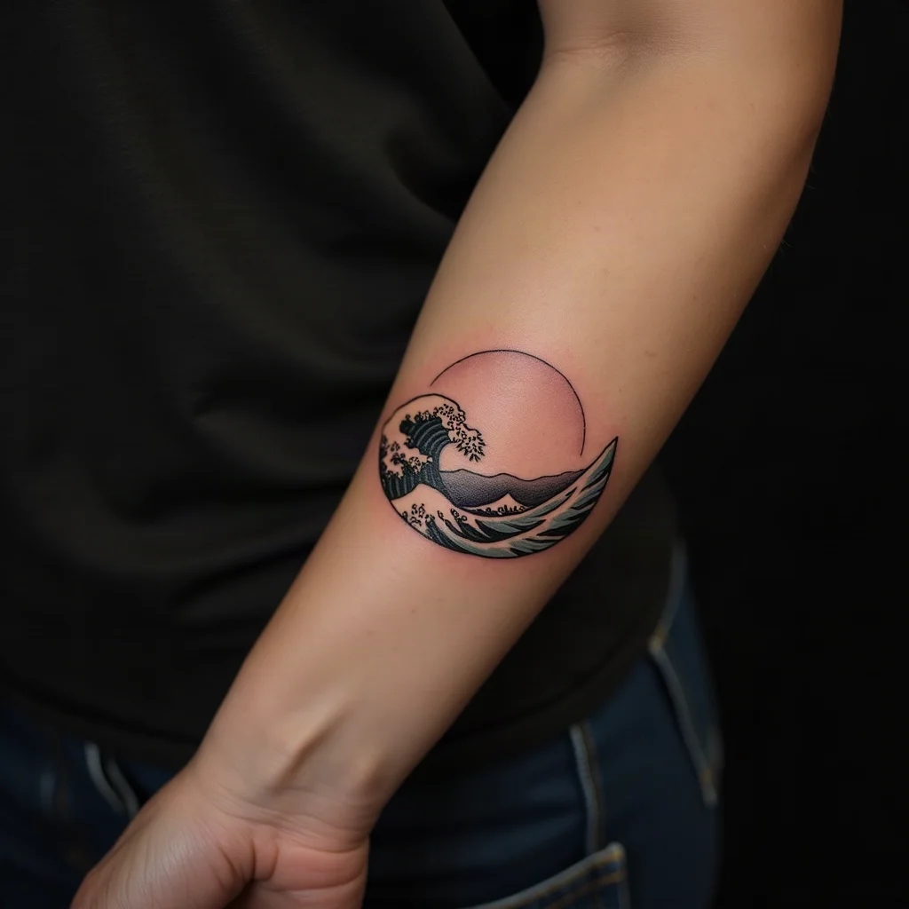 Fine-line ocean wave with a small rising sun tattooed on the outer forearm