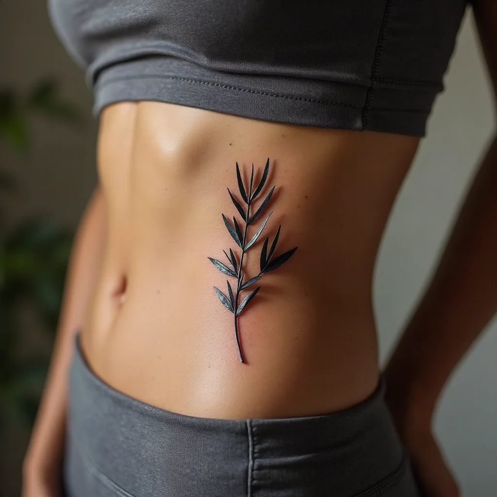Fine-line olive branch following the rib line on a woman's ribcage