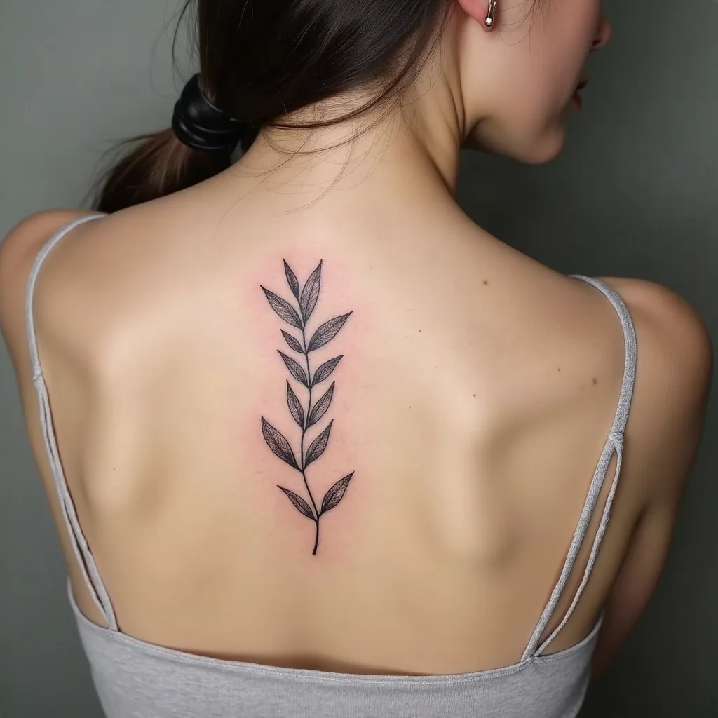 Fine-line olive branch sprig tattoo running down a sister's spine