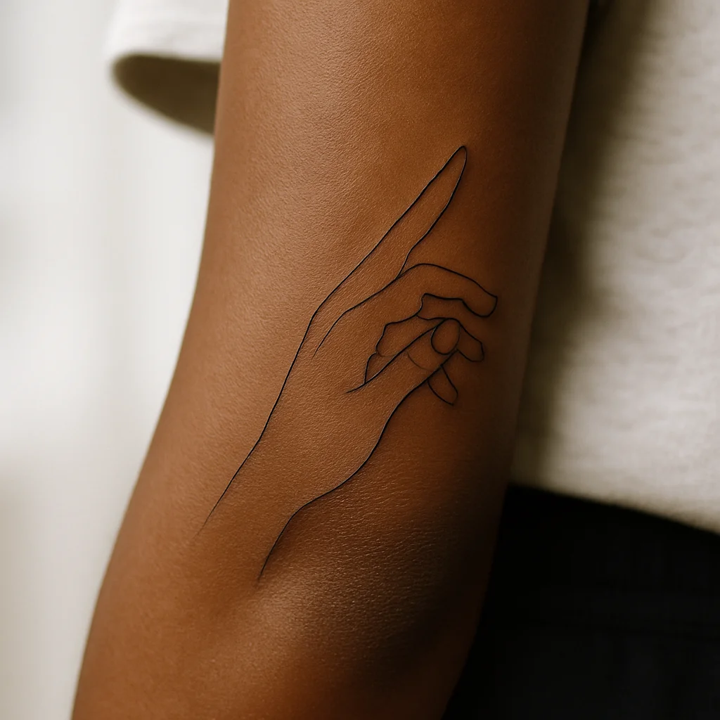 Fine-line outlined hand with extended finger tattooed on the inner forearm as half of a couple pair
