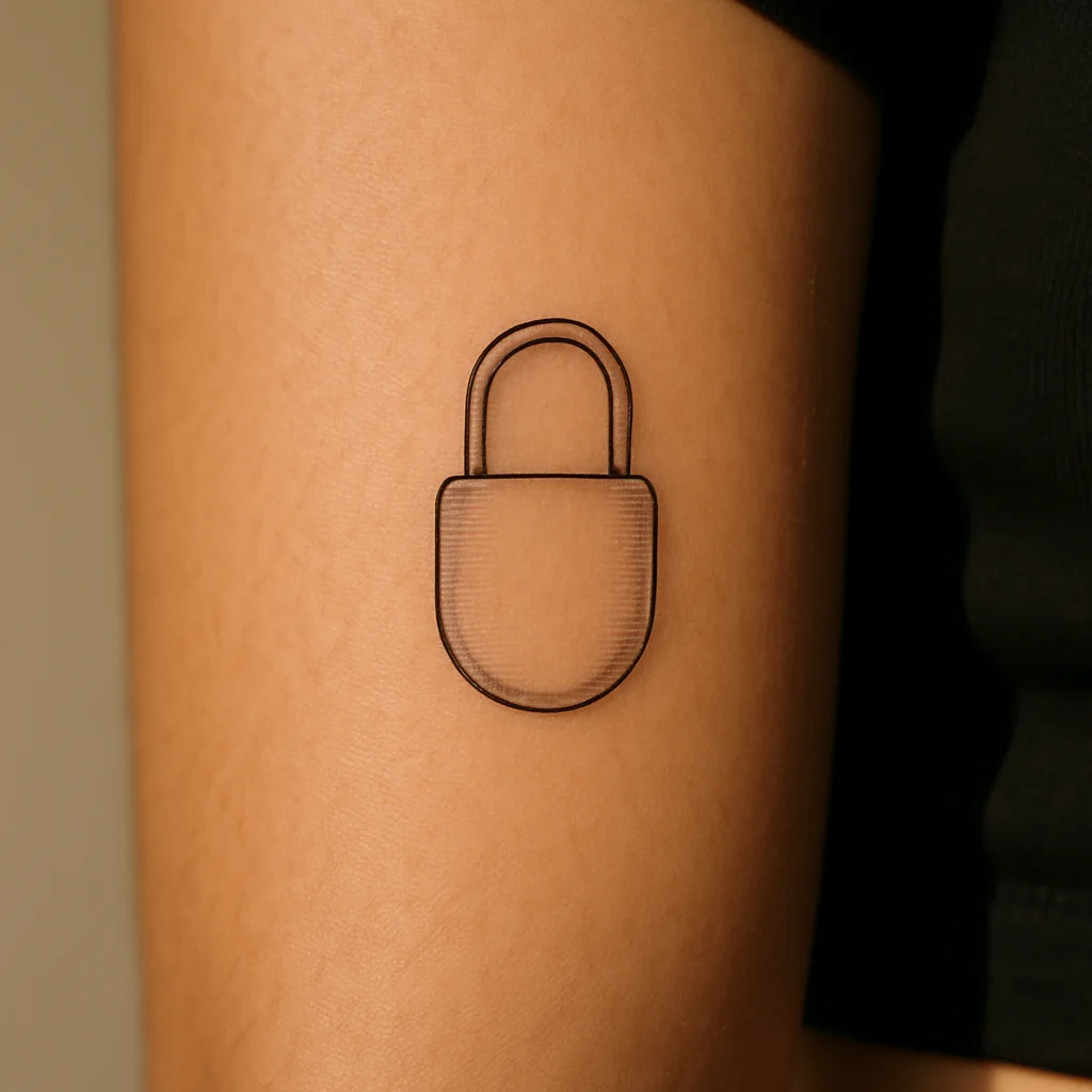Fine-line oval padlock tattoo on the inner forearm paired with a key design