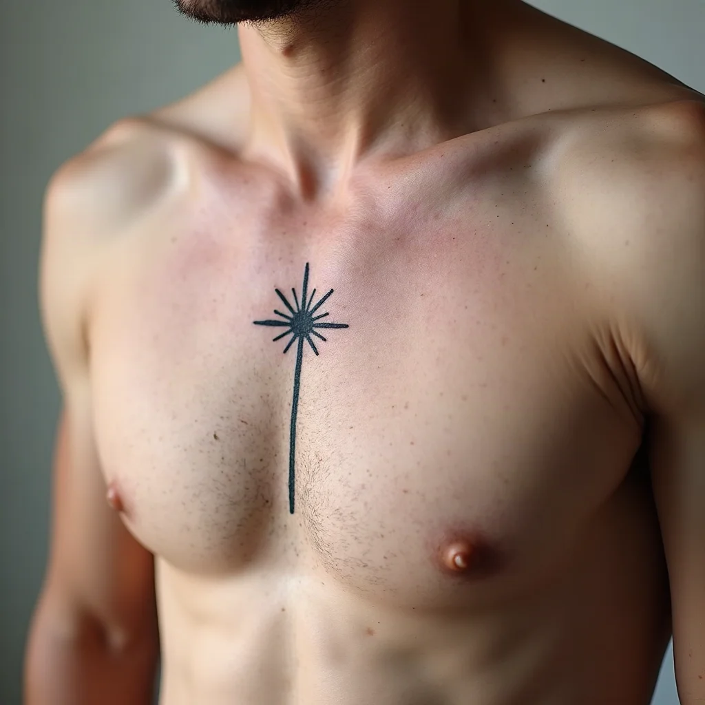 Fine-line rayed cross tattooed down the sternum on a man's chest
