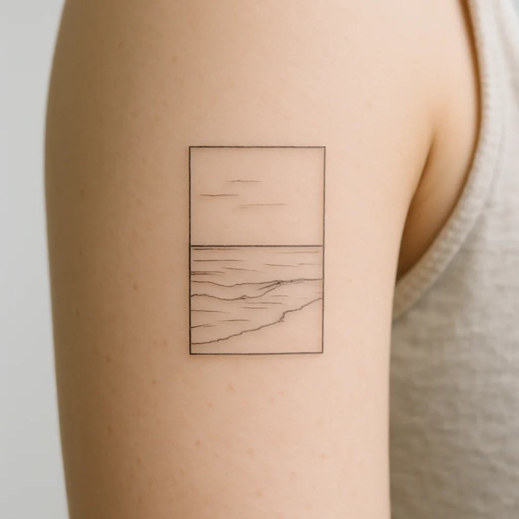 Fine-line rectangle frame tattoo with a tiny coastline scene inside on the upper arm