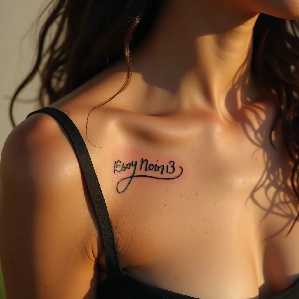 Fine-line Roman numeral date arcing along the curve of the shoulder blade
