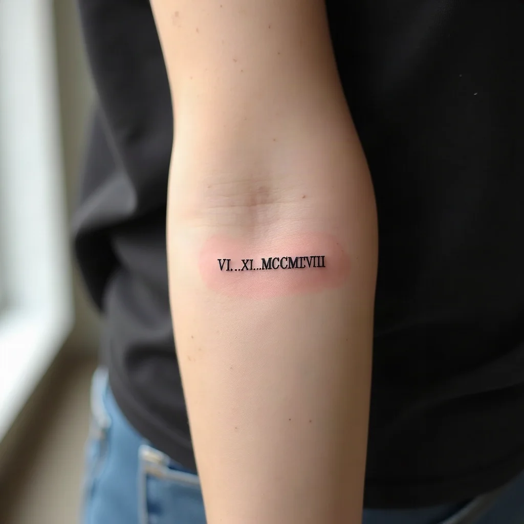 Fine-line Roman numeral date in a straight single line along the inner forearm