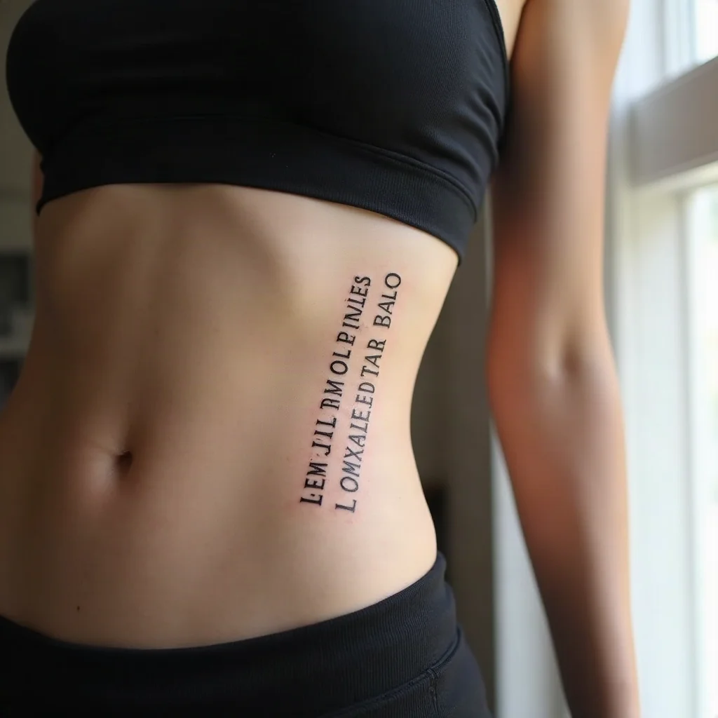 Fine-line Roman numeral date running diagonally along the side of the ribcage