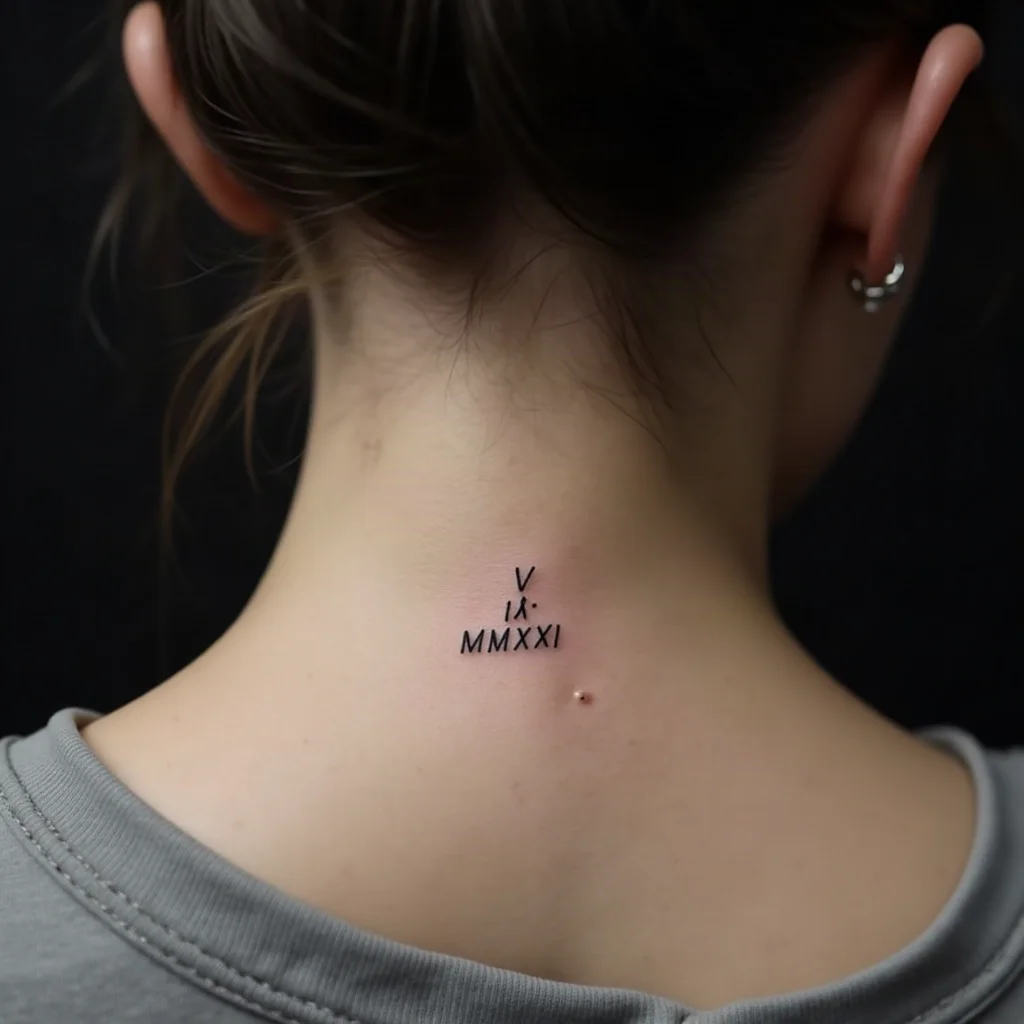 Fine-line Roman numeral date with middot separators tattooed at the nape of the neck
