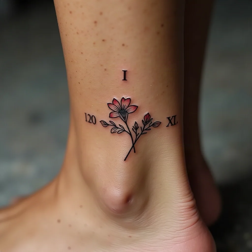 Fine-line Roman numeral date woven through a birth flower sprig on the ankle
