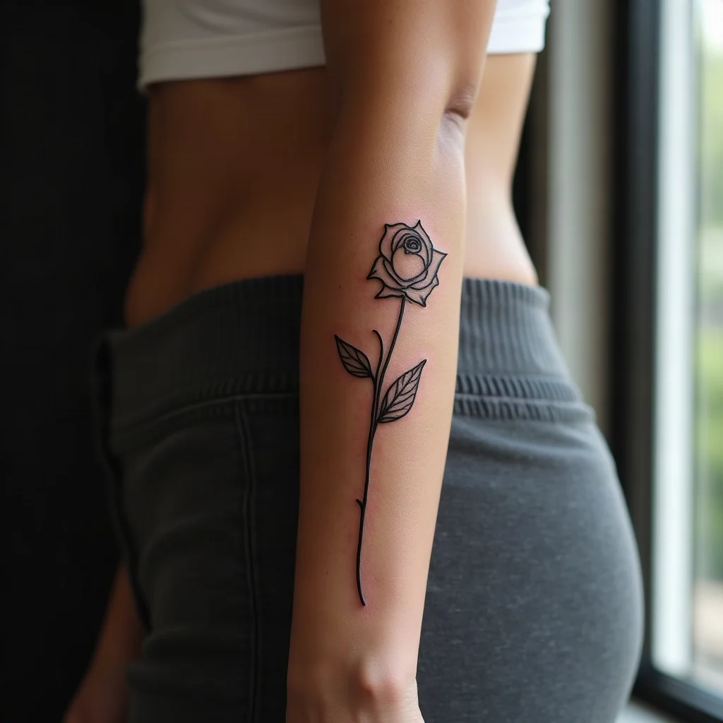 Fine-line rose bud tattoo on a woman's outer forearm from a three-stage sister set